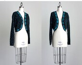 SALE 30% Off Black Leaf Print Sweater 1980s Vintage Black And Teal Cropped Bolero Sweater