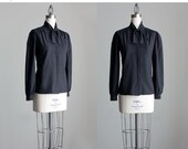 Clearance Sale 40% Off Black Bow Blouse 1980s Vintage Black Ascot Pussy Bow Button Down Shirt