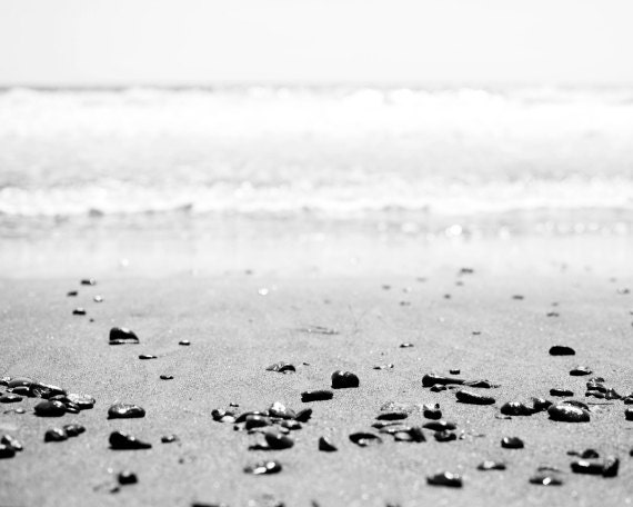 Beach Photography - black and white photography fine art print - nature photography ocean shore pebbles seascape 8x10 - "Sun Stones"