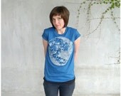SALE - womens organic cotton tshirt - S or L - full moon screenprint on American Apparel teal blue - My Moon, My Man - moon shirt
