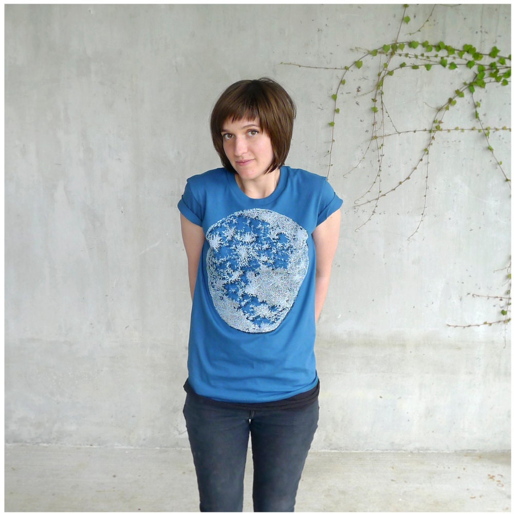 SALE - womens organic cotton tshirt - S or L - full moon screenprint on American Apparel teal blue - My Moon, My Man - moon shirt