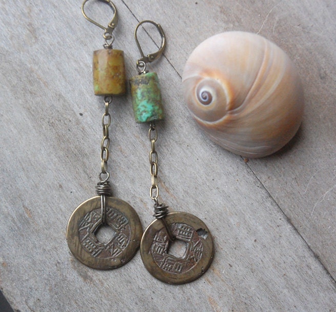 Primitive Turquoise, Boho, Statement Earrings, Antique Chinese Coins