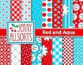 Red and Aqua Digital Scrapbook Paper - 16 Sheets - Instant Download