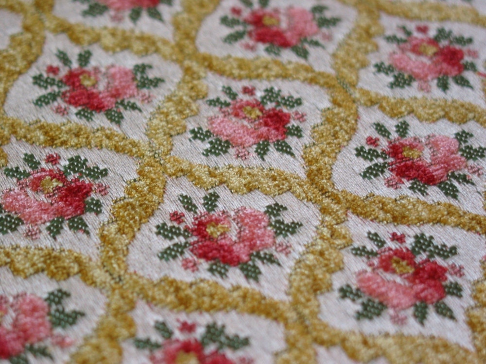 Vintage Cut Velvet Chenille Brocade Upholstery Fabric Pink Roses