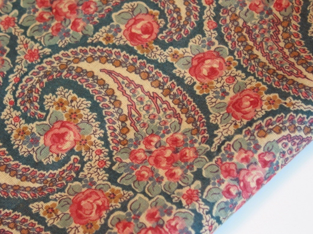 Vintage Fabric 1930's Pink Roses Teal Paisley Cotton Lawn