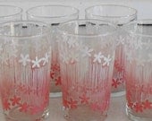 Set of 6 vintage Libbey juice glasses from the 1960s, cheerful pink blossoms