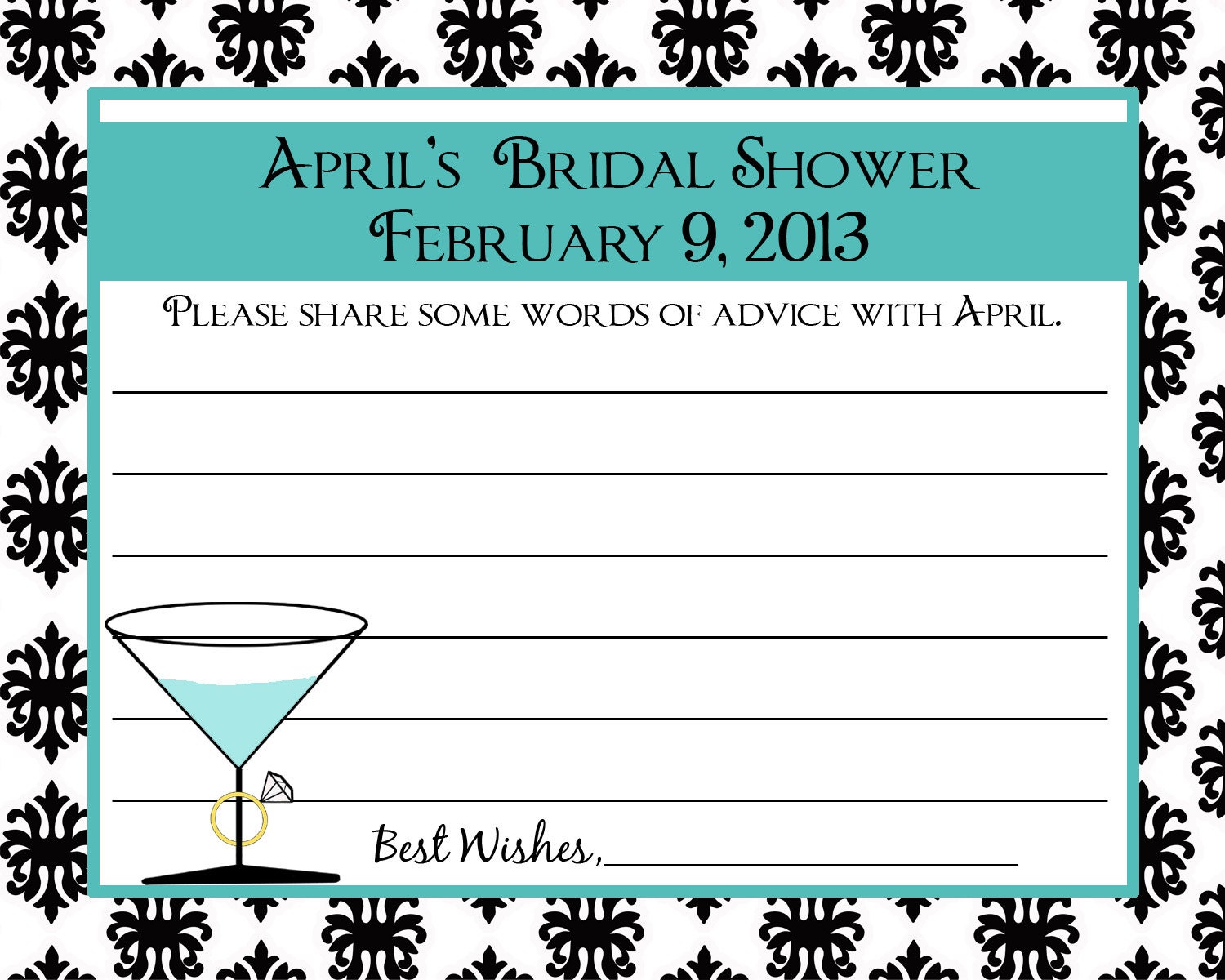 24 Bridal Shower Advice Cards  - Martini and Ring - Tiffany Blue - Black Damask