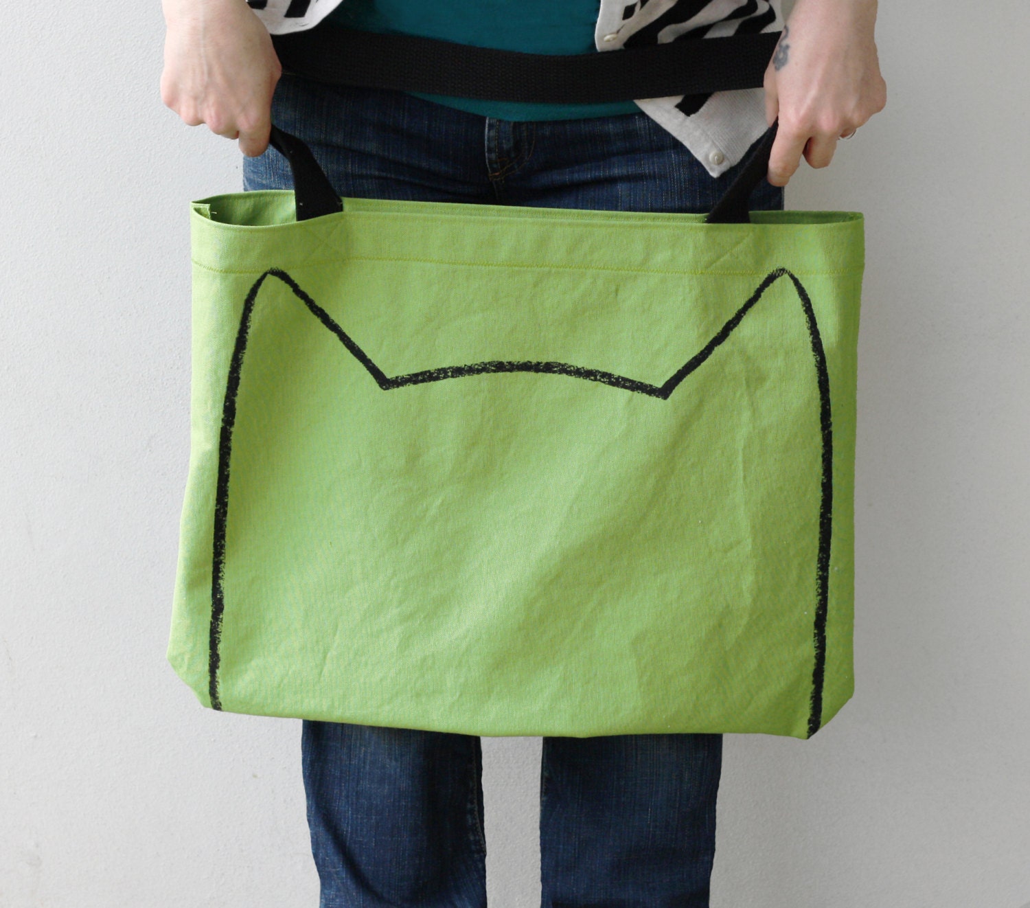 Big Kitty Cat Screen Printed Tote Bag in Spring Green - Organic cotton, eco friendly gift, cat lover, kitten, cat lady, summer beach bag