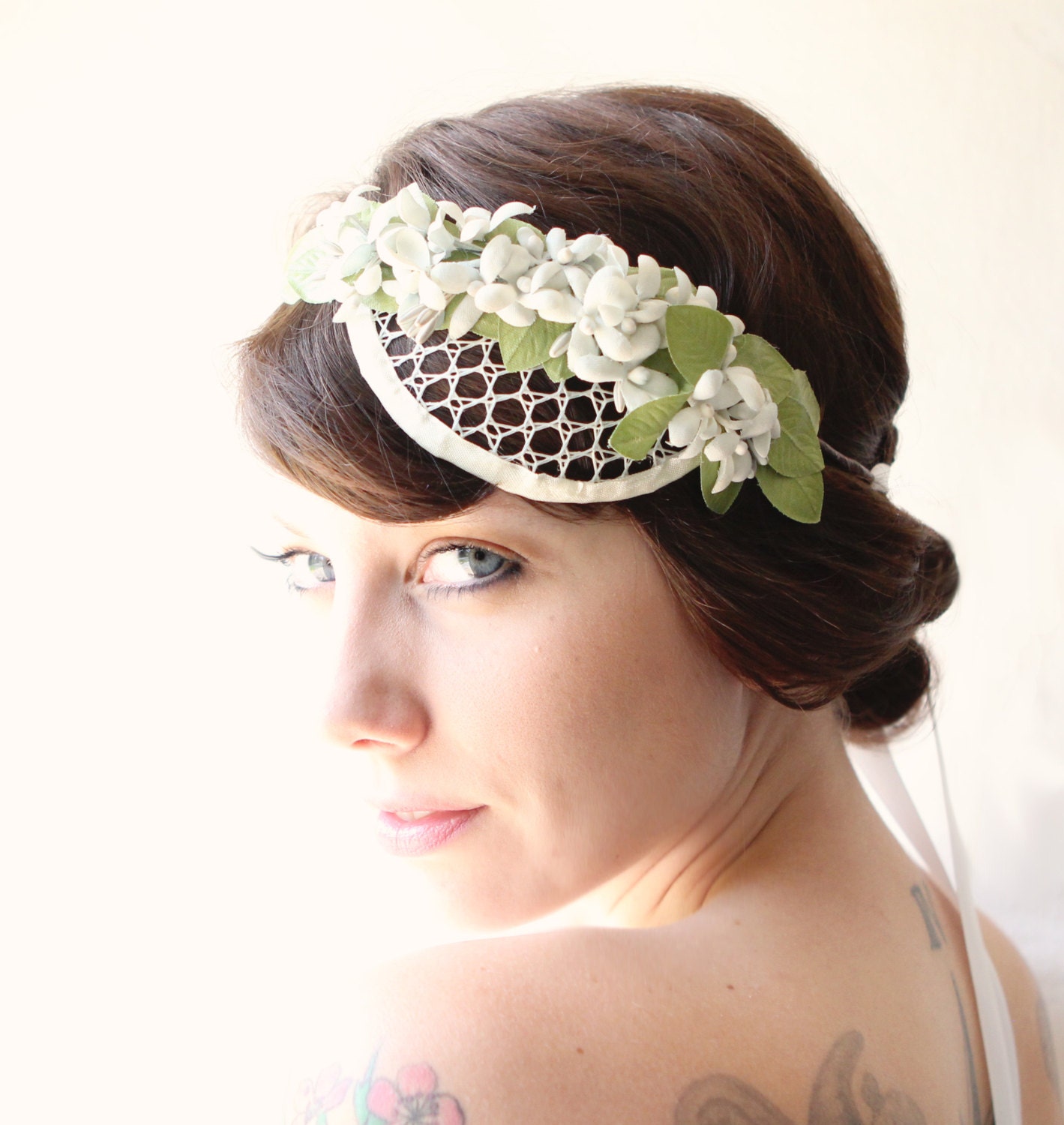 Net and floral fascinator, Bridal hair piece, headband,  floral head piece, bridal fascinator, Light blue flower headpiece