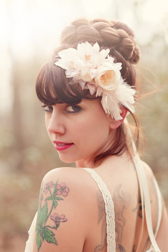 Bridal hair floral fascinator, Ivory and blush, bridal hair band, wedding heapiece - GLORIA