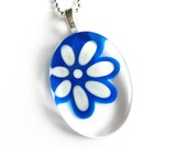 Flower blue and white pendant - hand painted glass -