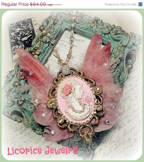 33% OFF  Sale HUGE Victorian PINK ANgel WIng Cameo Bib Statement Necklace  girl antique Rhinestone feathers rose gold crystal