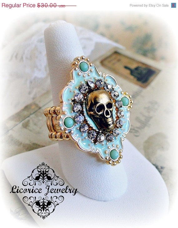 33% OFF  Sale MInt Green Victorian Skull Cameo Ring Rhinestone crystals enameled Brass pearl bling urban lolita doll day of the dead skelet
