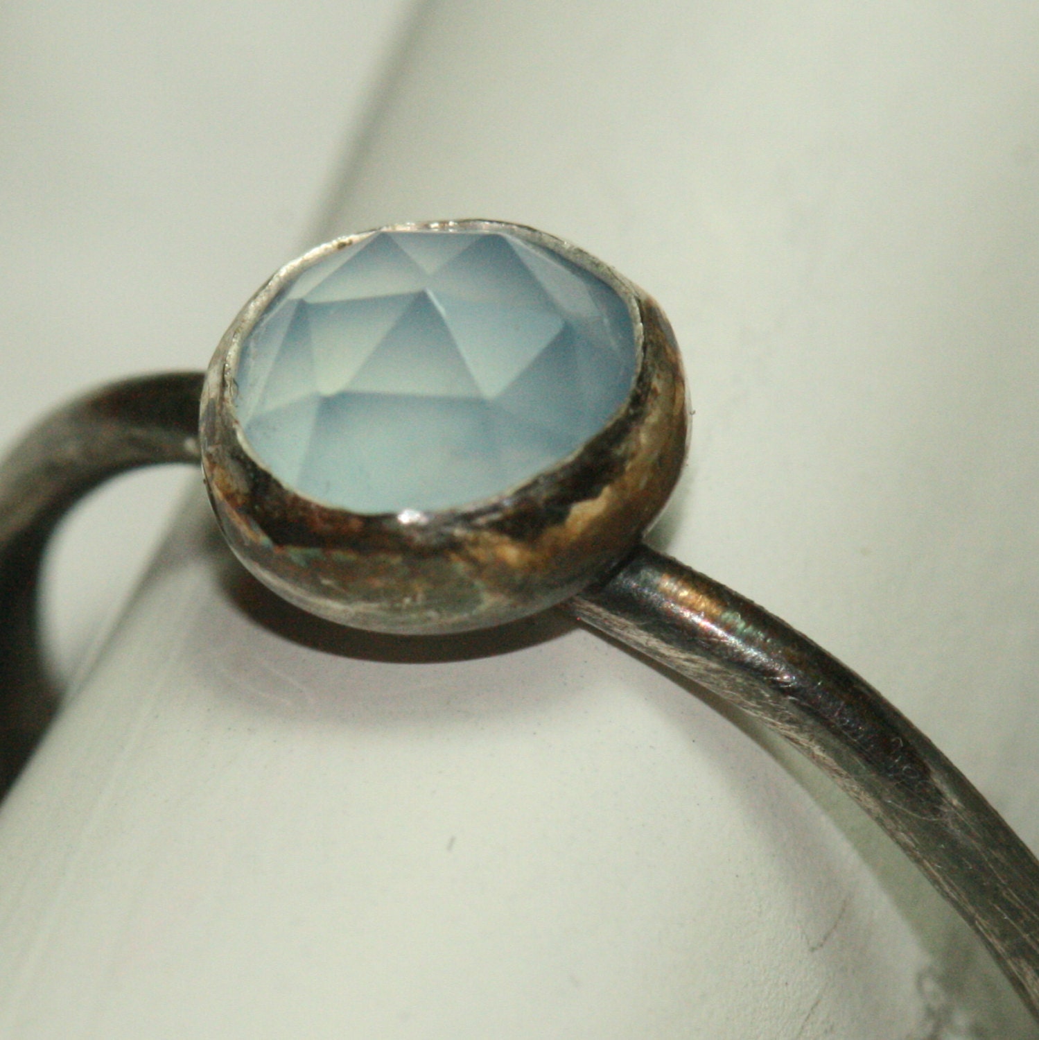 Blue Chalcedony Ring Rustic Fine Silver US Size 7.5 Oxidized Ring Maggie McMane Designs