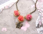 Victorian Vintage Inspired Pink Wonderland Spring Summer Garden with Butterfly Lace Roses Lolita Style antiqued brass Necklace