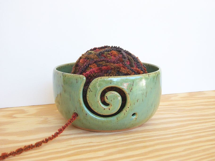 Handmade Yarn Bowl Ceramic Stoneware Clay in Spring Green Glaze - Spiral Design with 2 holes - dorothydomingo