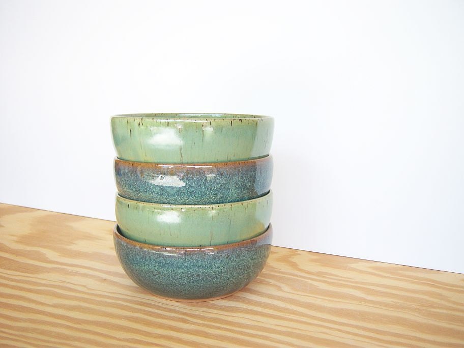 Sea Mist and Spring Green Stoneware Ceramic Pottery Bowls Set of 4