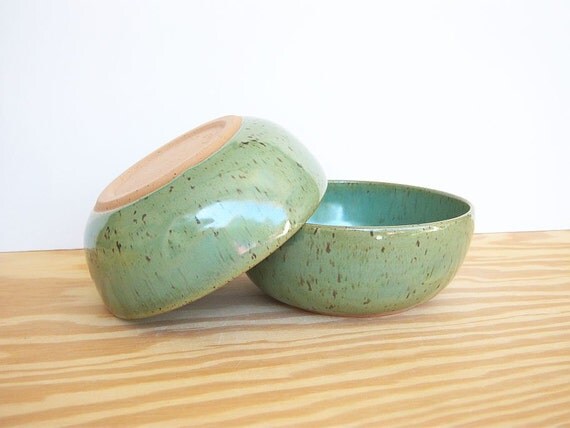 Spring Green Stoneware Pottery Bowls - Set of 2