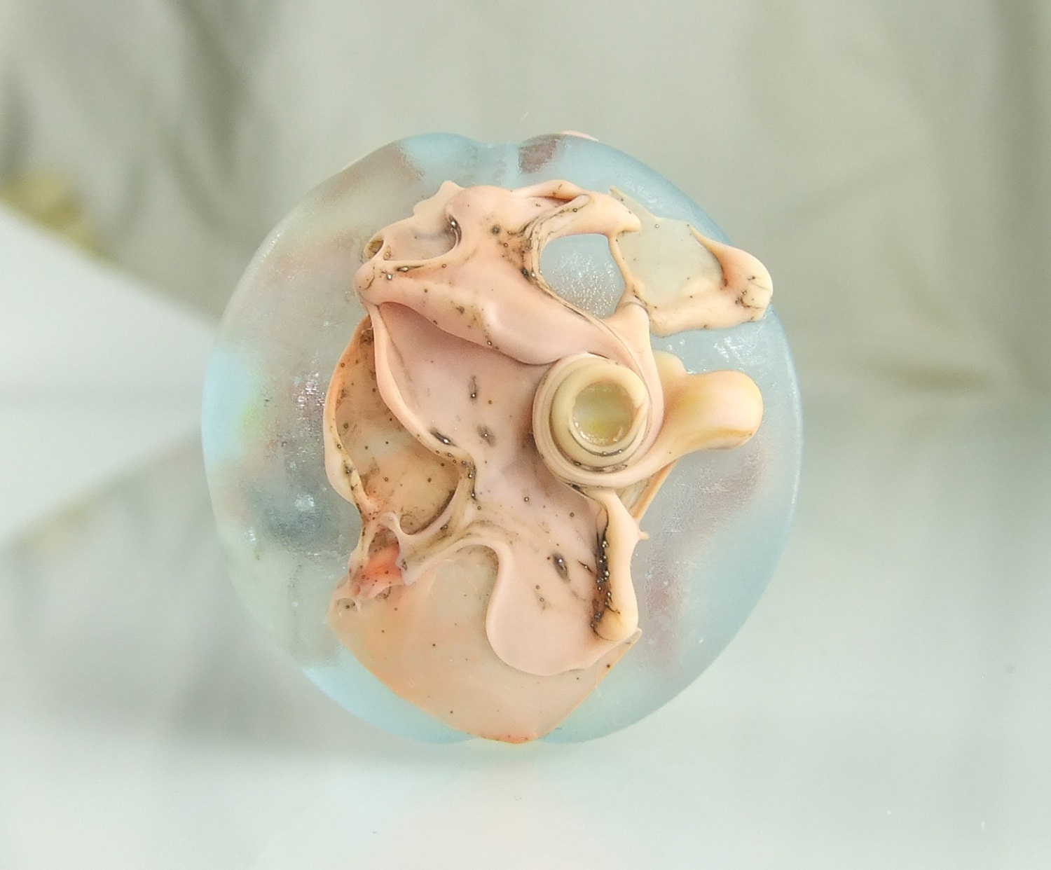 Etched Pale Aqua andSilvered Coral Ivory Lampwork Lentil Focal Bead