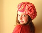 4 - 6 years -  Crochet Hat with Flower - Soft Fleece yarn in Pink , Orange and Yellow