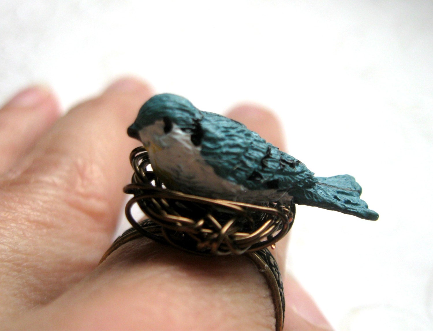 Little blue bird ring - solid brass adjustable band, embossed pattern - bird nest ring - by botanical bird
