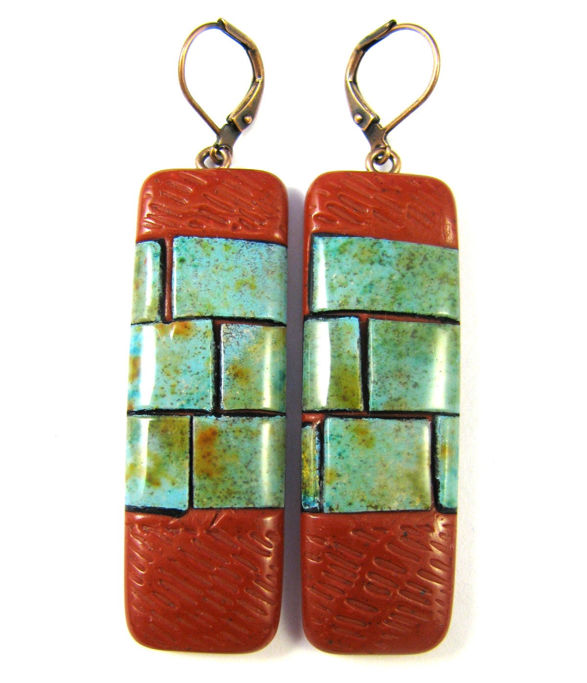 Fabulous Faux Collection - Crimson turquoise Mosaic Polymer Clay Earrings