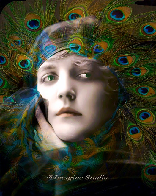 Art, Photography, Portrait, Peacock, Peacock Feathers  Fine Art Print, Giclee Archival Print, Photomontage, Collage, Painted Photographs,
