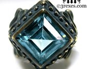 Victorian Cocktail Ring Gothic Blue Topaz Band Dark Brass Raven Love Size 6