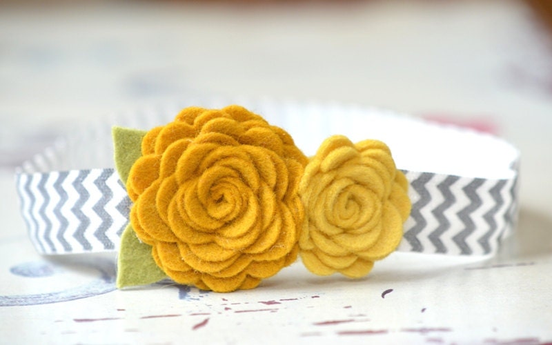 Mellow Yellow and Gold Felt Flowers on Grey Chevron Elastic Headband - Baby Flower Headband