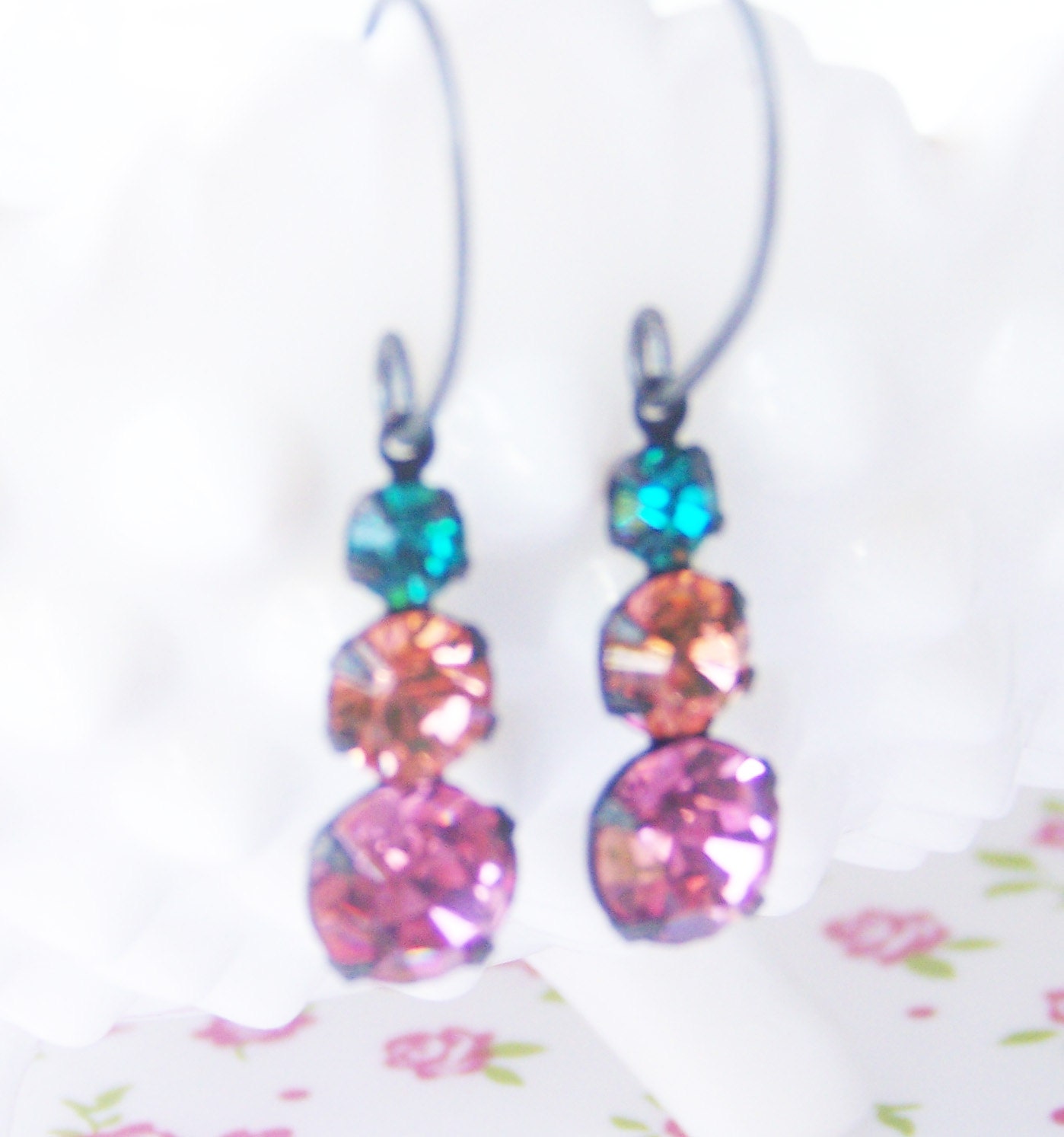 Rose, Peach, Blue Zircon Three Stone Drop Earrings, dangle jewellery, bridesmaid gift, retro