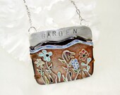 Cloisonne Flower Garden Necklace in Sterling Silver Copper and Enamel Brown Blue