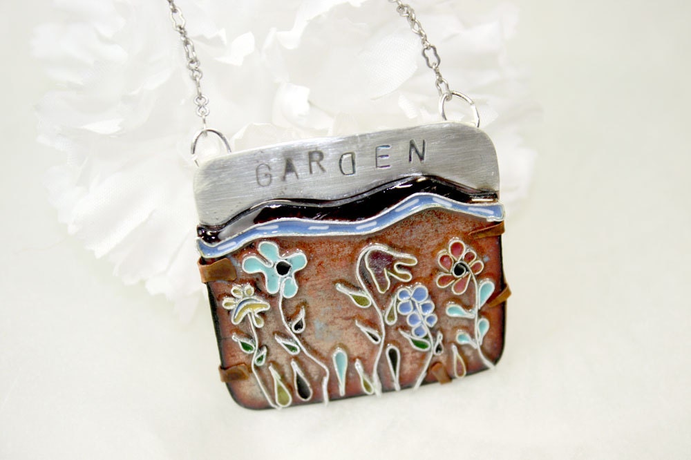 Cloisonne Flower Garden Necklace in Sterling Silver Copper and Enamel Brown Blue