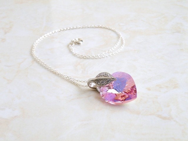 Pink Swarovski Crystal Heart Necklace CZ Sterling Silver Valentines Violet Bridesmaid Jewelry Wedding Jewelry