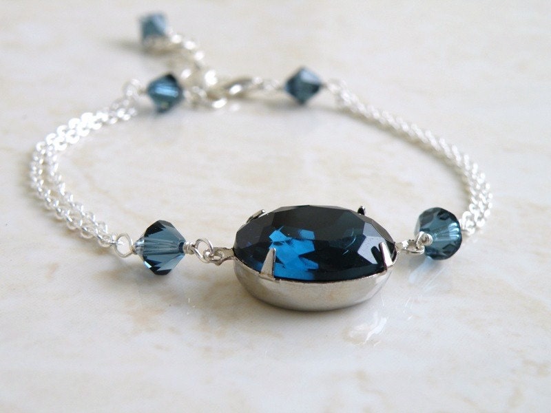 Sapphire Jewelry Bridal Bracelet Montana Navy Blue Rhinestone Oval Stone Silver Bracelet Estate Style Wedding Jewelry