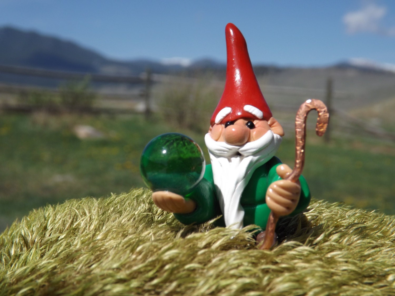 miniature GARDEN GNOME wizard holding his crystal by zzzengirl