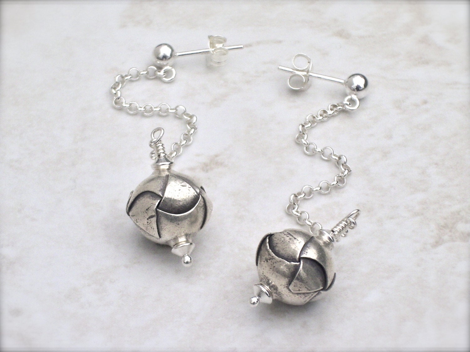 Long silver earrings, origami style dangle, unique artisan jewelry, contemporary modern minimalist style, lightweight