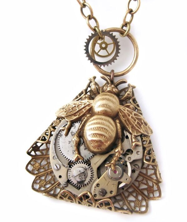 Steampunk necklace, steampunk bee necklace, steampunk jewelry vintage filigree statement necklace, watch jewelry