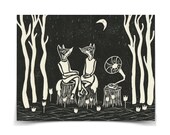 Phonograph -  ORIGINAL 8 of 20 - Hand-carved hand-pulled matted linocut print - Foxes in the Forest