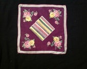 Vintage Hankie Purple Cotton Handkerchief with Green, Yellow, White and Pink Stripes and Yellow and Pink Flowers