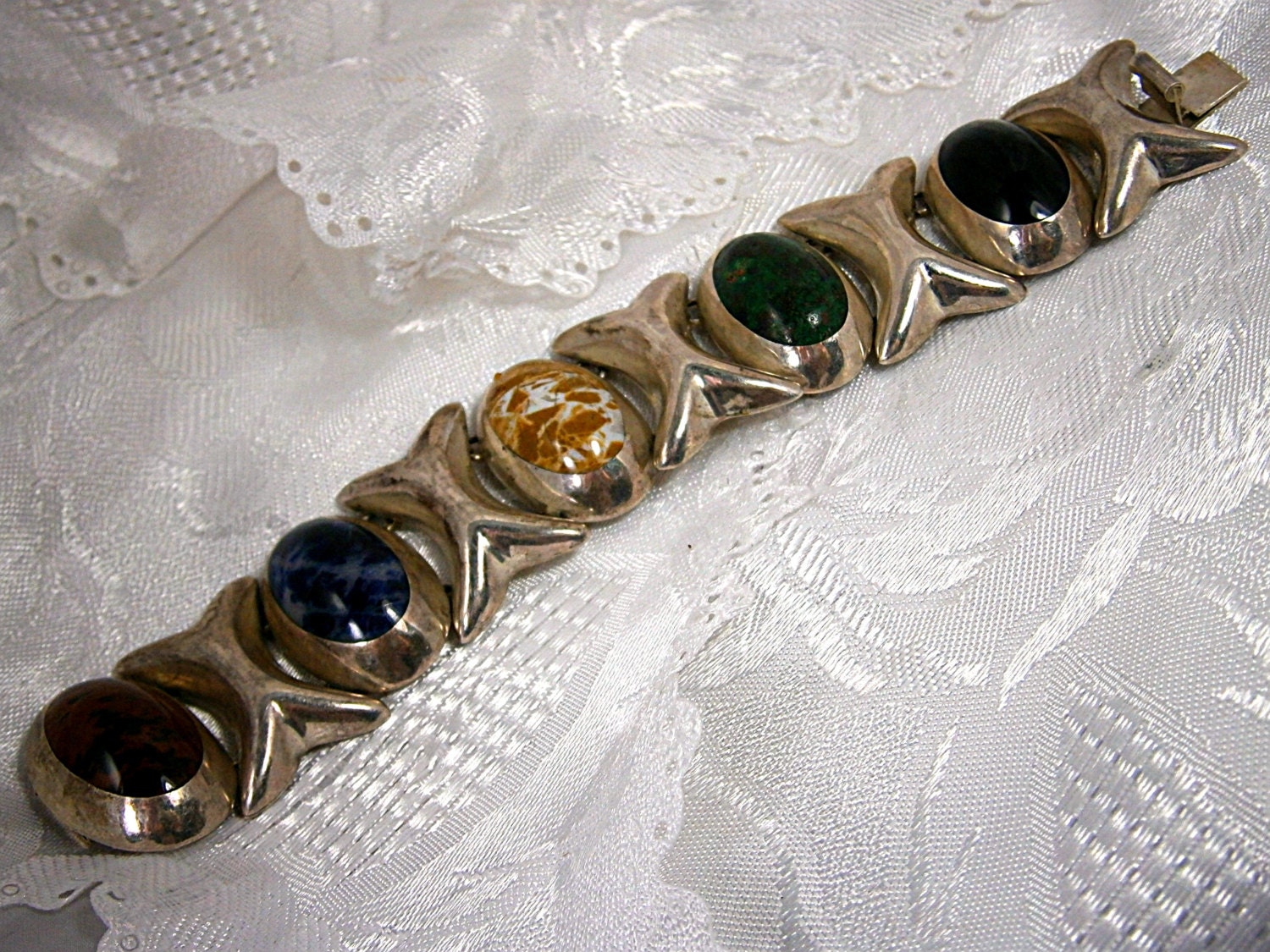 Vintage Mexican Sterling Silver Bracelet With Assorted Stones