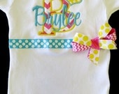 Spring Fling Chevron Girl bodysuit onesie for baby girls toddler- Number or Initial Applique Custom Order- turquoise hot pink yellow