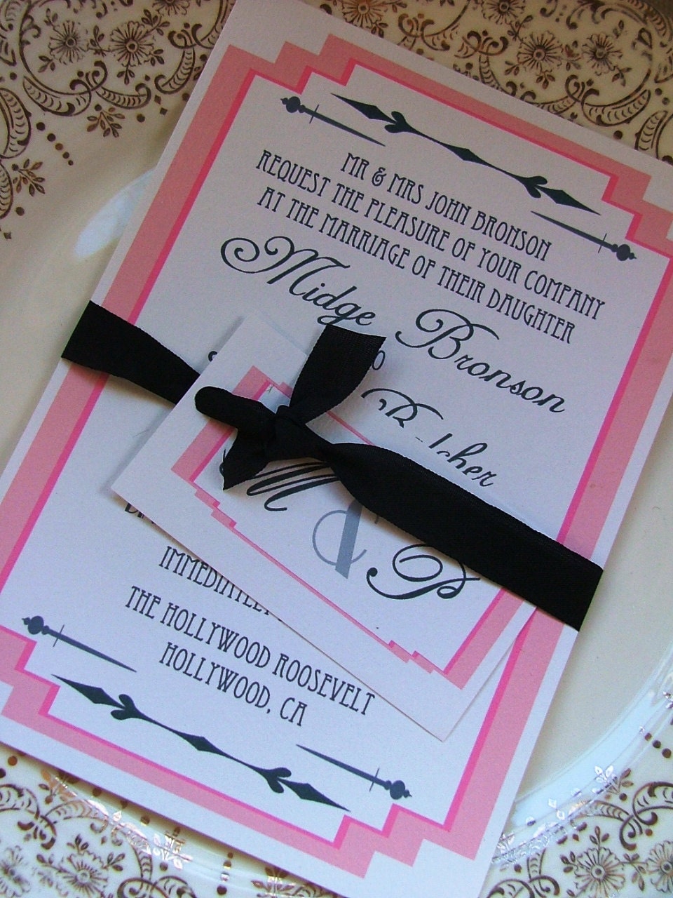 Wedding Invitations: Peach Art Deco frame  , a deposit to begin order