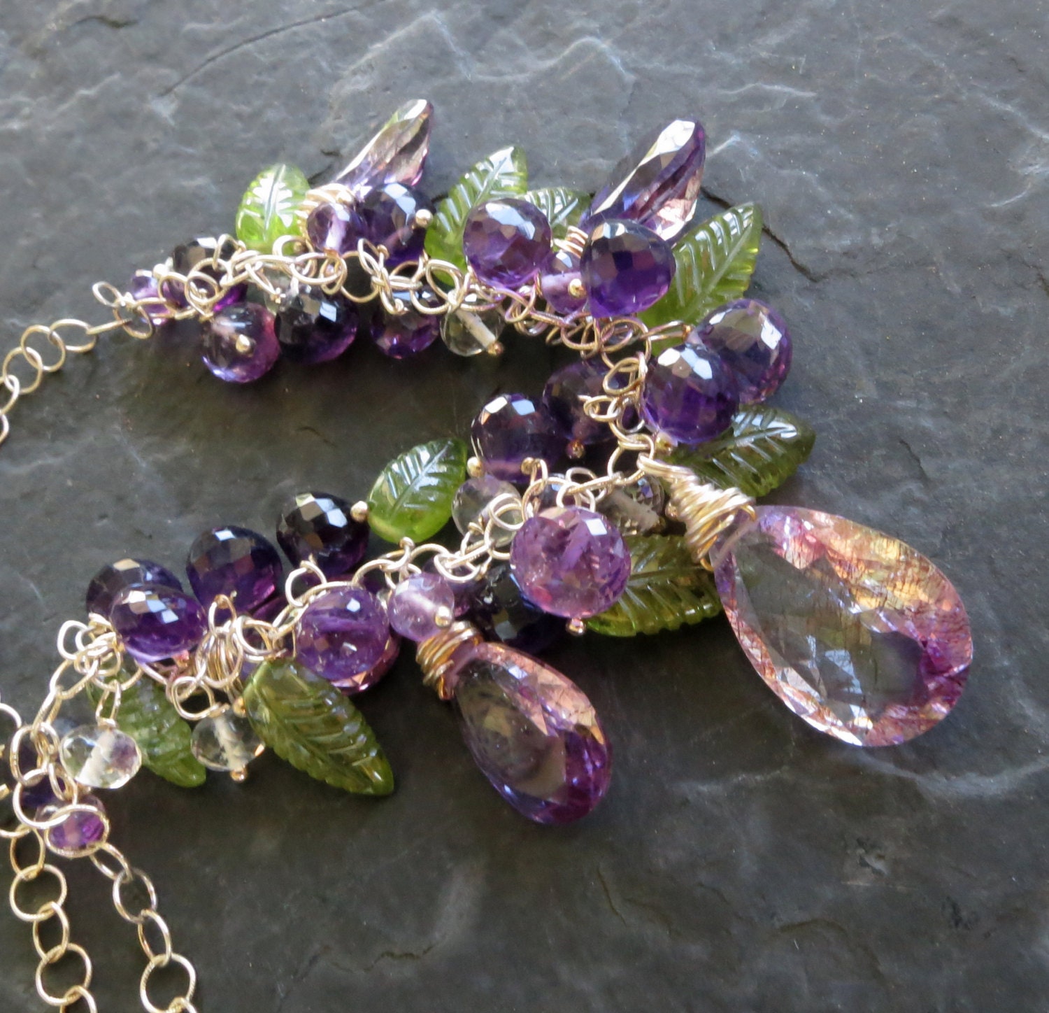 Moss amethyst necklace peridot leaves sterling silver garden party vineyard wine grapes purple green gemstone jewelry --Nysa--