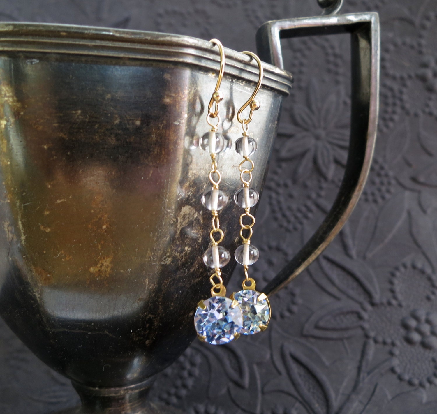 Vintage rhinestone, pink amethyst earrings 14k gold fill cornflower blue gemstone long beaded dangle flapper roaring 20s gatsby --Cyanis--