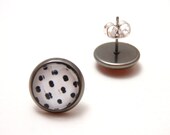POLKA DOT Studs - White and black polka dot faceted rhinestone on gunmetal post earrings modern rockabilly
