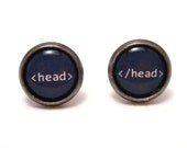 Head tag HTML Studs - Web designer black and white text head tag post earrings - SMALL 10mm - Geekery Geek Chic Techie Computer Programmer