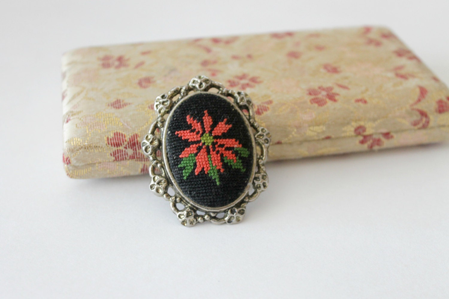 Antique Brooch Pin / Rouge Rose / Needlepoint Pin