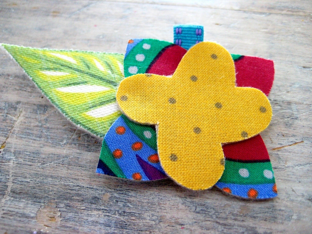 flower barrette - merigold yellow, purple, aqua blue