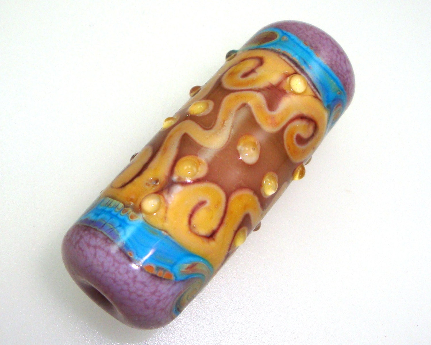 Handmade Lampwork Bead Silvered Caramel Raku Turquoise Teal Amber Purple Lilac Scroll Work Artisan Glass Focal SRA -- Next Distraction