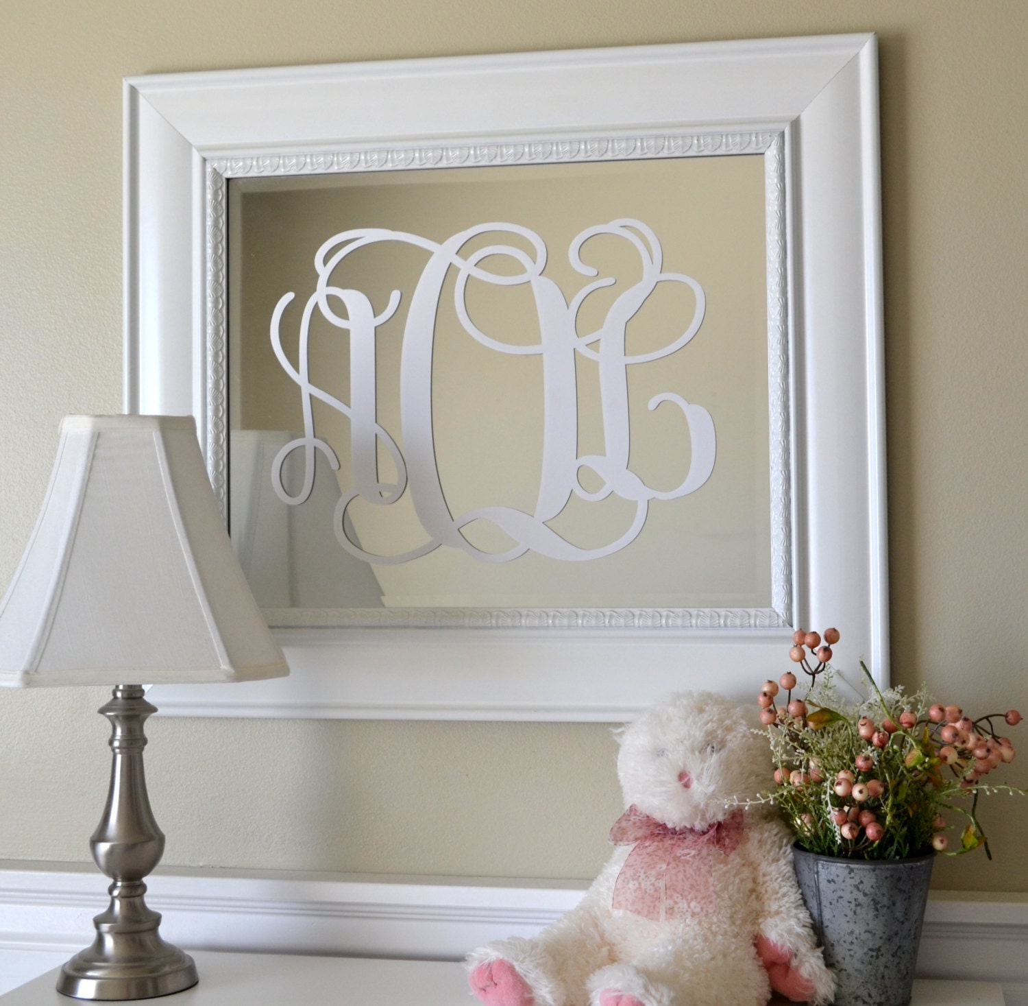 Monogram Fancy Scroll Initials Vinyl Wall Decal Sized for 16x20 frame or mirror